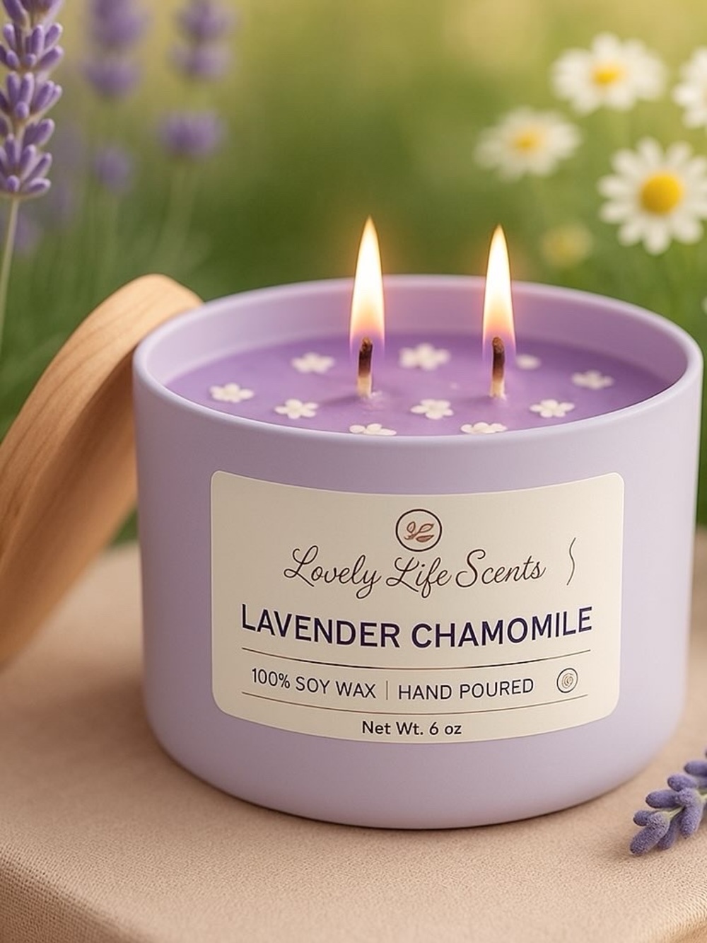 Lavender Chamomile 6oz Double Wick Premium Soy Candle by Lovely Life Scents
